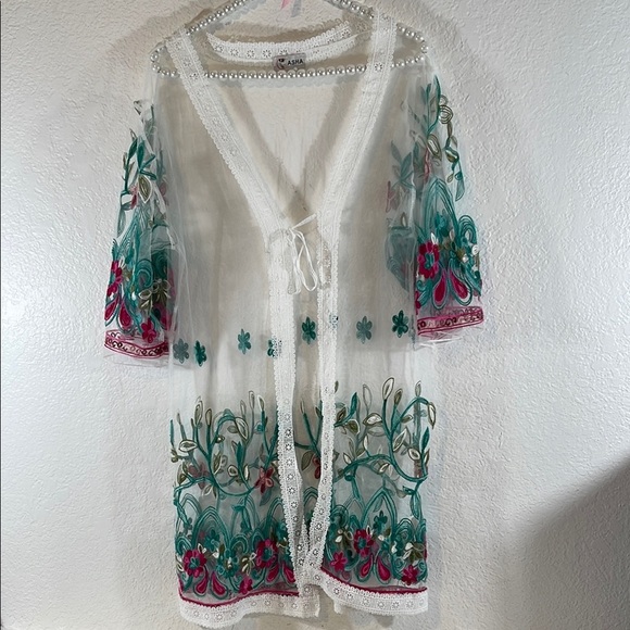 Asha Other - ASHA Floral Embroidered Lace Mesh Sheer Cardigan Kimono & Beach Cover Up